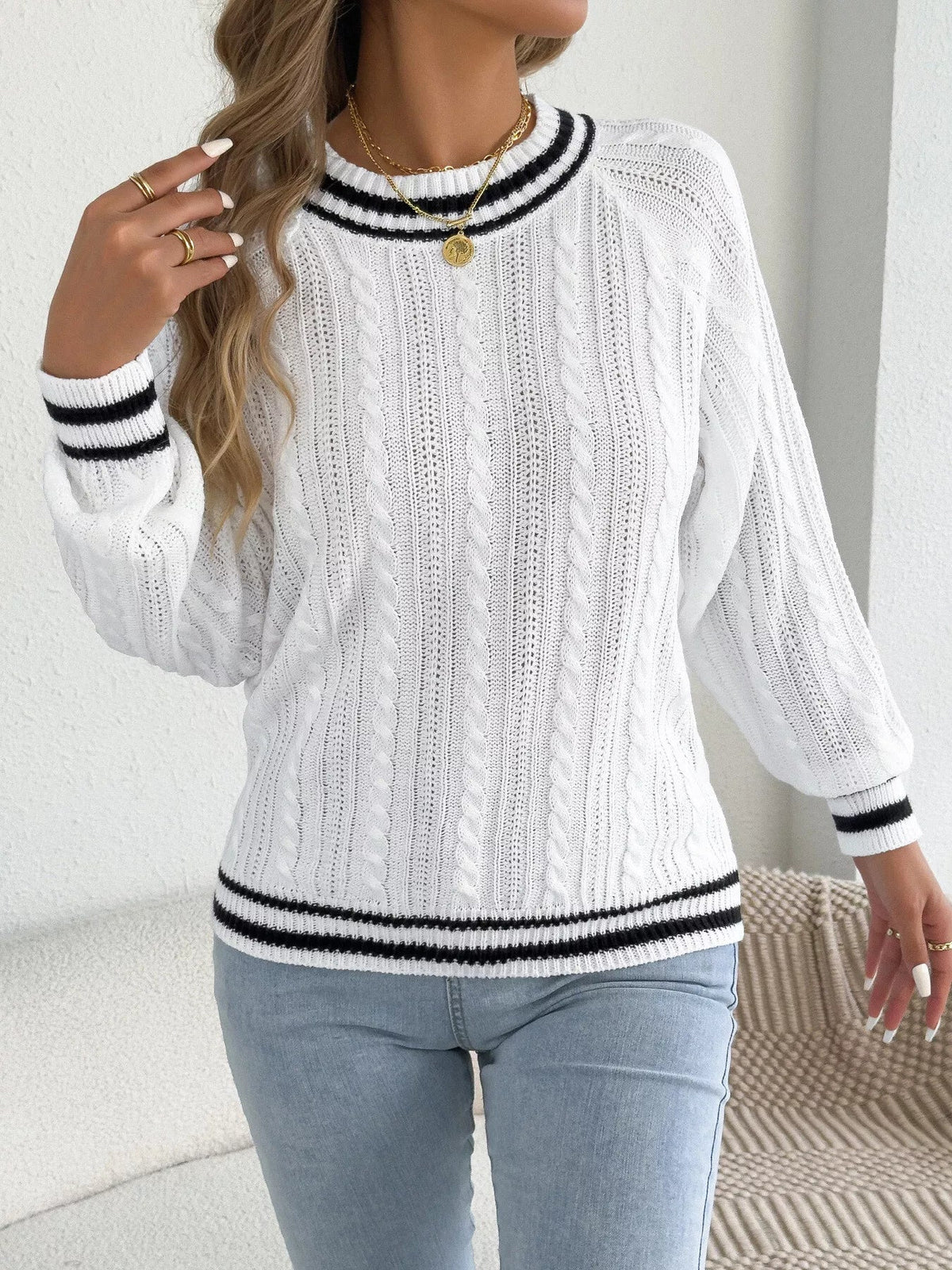 Striped Trim Cable Knit Sweater - Bitsy Gypsy Boutique