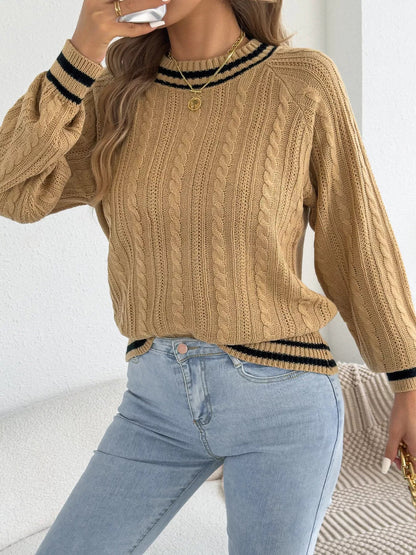 Striped Trim Cable Knit Sweater - Bitsy Gypsy Boutique