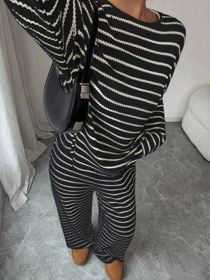 Striped Waffle Knit Long Sleeve Two Piece Set - Bitsy Gypsy Boutique