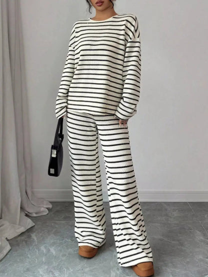 Striped Waffle Knit Long Sleeve Two Piece Set - Bitsy Gypsy Boutique