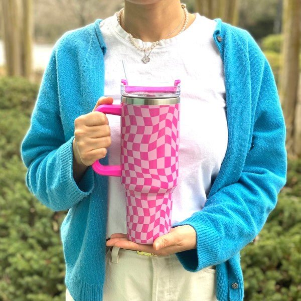 Stylish Checker Large Water Cup With Handle - Bitsy Gypsy Boutique