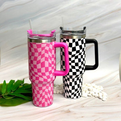 Stylish Checker Large Water Cup With Handle - Bitsy Gypsy Boutique