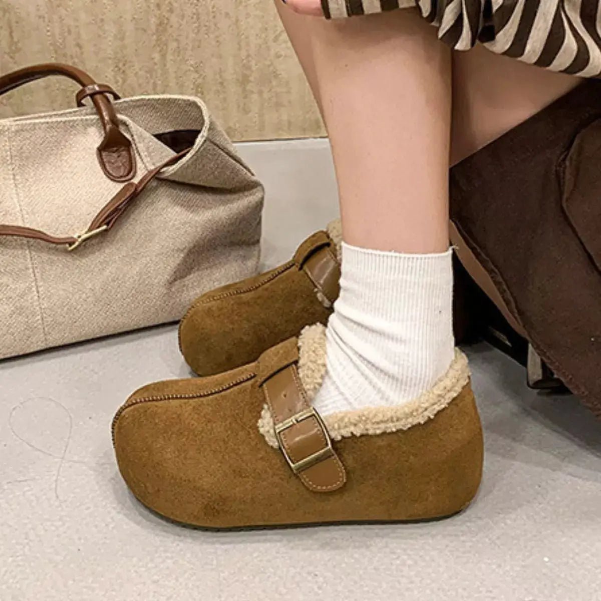 Suede Round Toe Fluff Strap Buckle Mules - Bitsy Gypsy Boutique