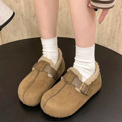 Suede Round Toe Fluff Strap Buckle Mules - Bitsy Gypsy Boutique