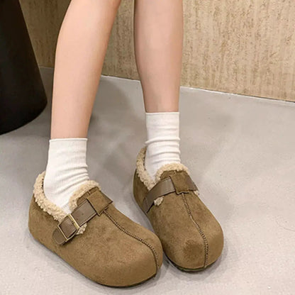 Suede Round Toe Fluff Strap Buckle Mules - Bitsy Gypsy Boutique