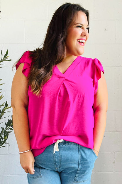 Summer Days Fuchsia Banded V Neck Flutter Sleeve Top - Bitsy Gypsy Boutique