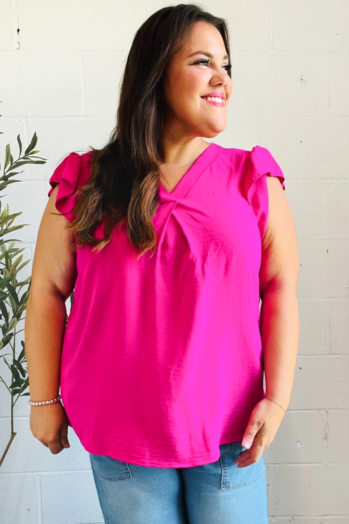 Summer Days Fuchsia Banded V Neck Flutter Sleeve Top - Bitsy Gypsy Boutique