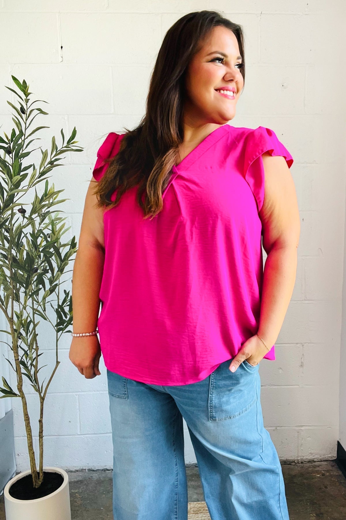 Summer Days Fuchsia Banded V Neck Flutter Sleeve Top - Bitsy Gypsy Boutique