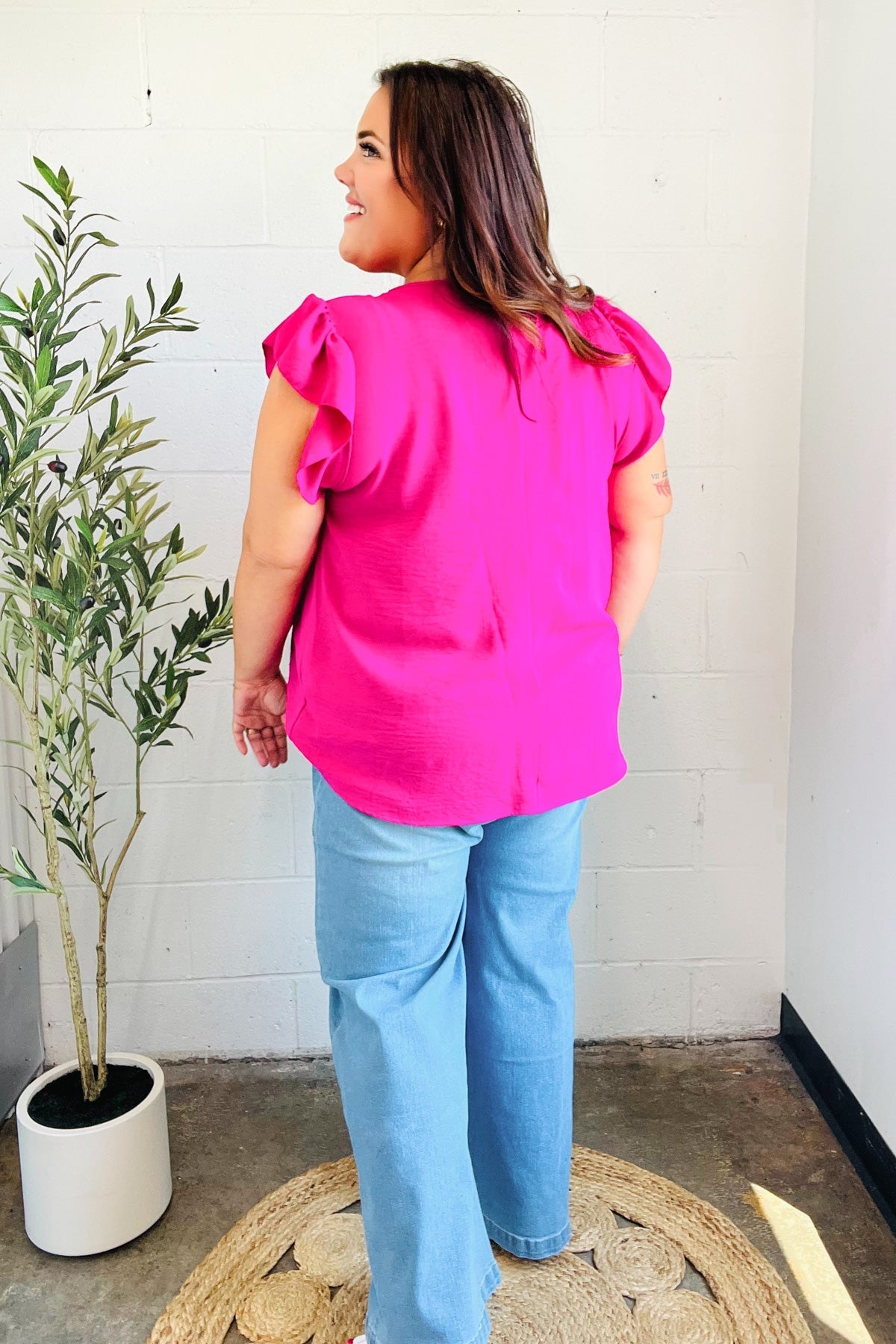 Summer Days Fuchsia Banded V Neck Flutter Sleeve Top - Bitsy Gypsy Boutique