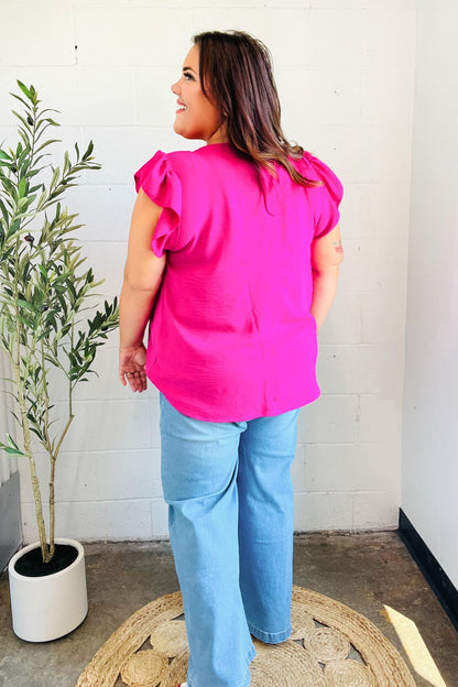 Summer Days Fuchsia Banded V Neck Flutter Sleeve Top - Bitsy Gypsy Boutique