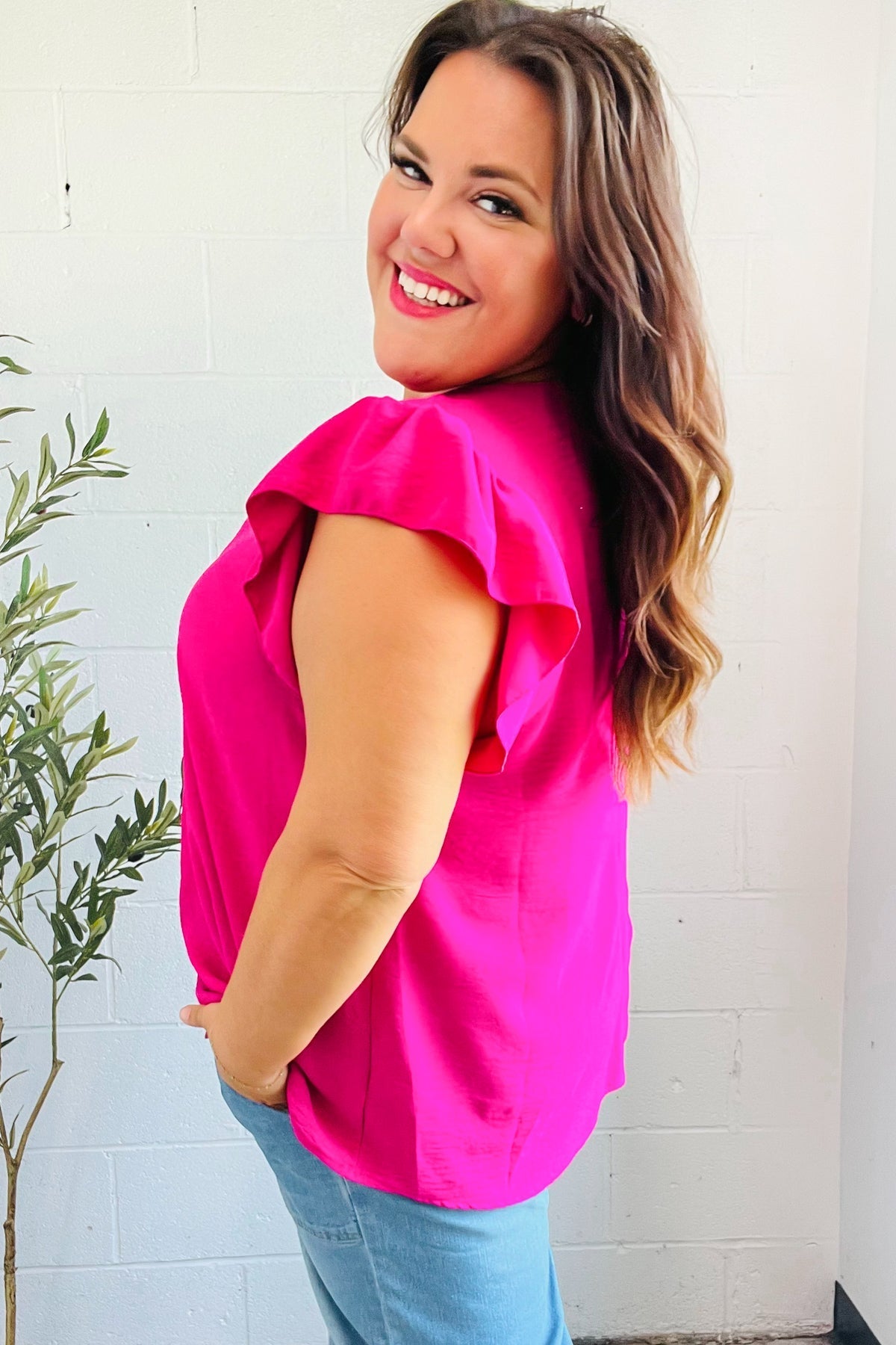 Summer Days Fuchsia Banded V Neck Flutter Sleeve Top - Bitsy Gypsy Boutique