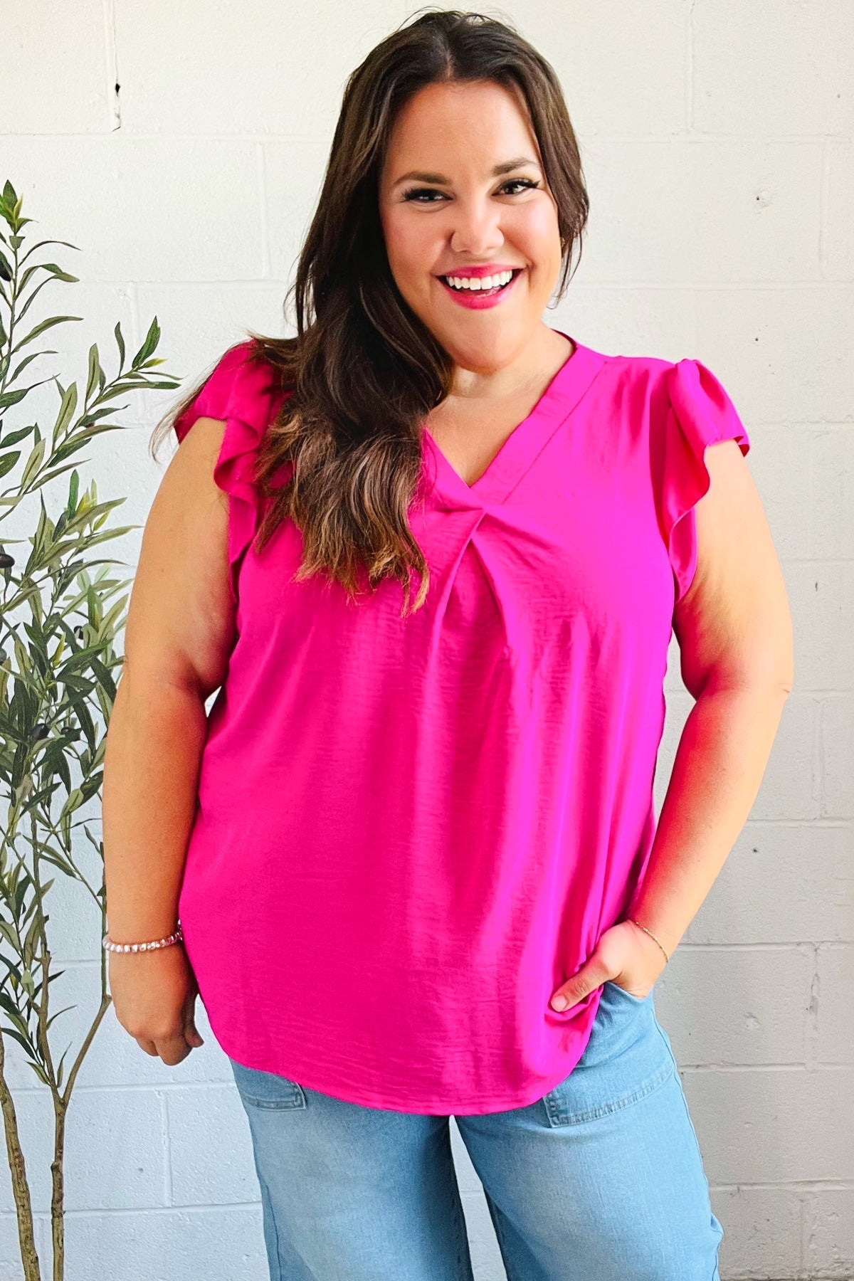 Summer Days Fuchsia Banded V Neck Flutter Sleeve Top - Bitsy Gypsy Boutique