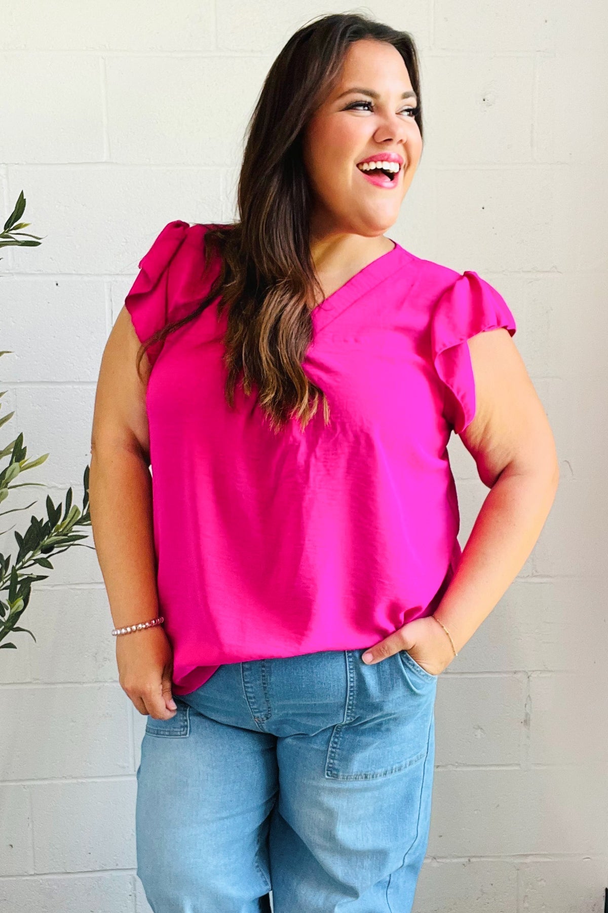 Summer Days Fuchsia Banded V Neck Flutter Sleeve Top - Bitsy Gypsy Boutique