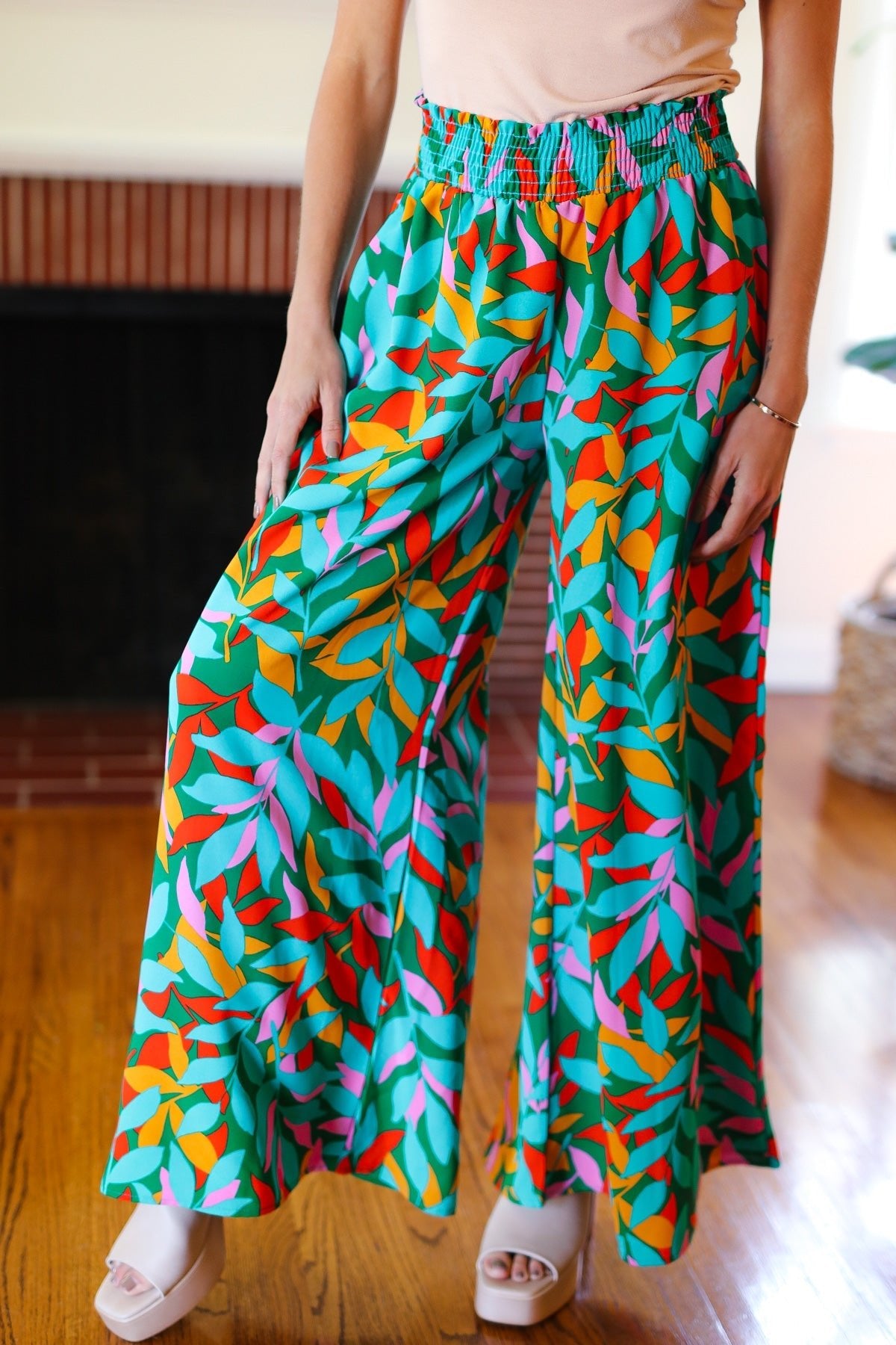 Summer Vibes Green & Orange Abstract Print Smocked Palazzo Pants - Bitsy Gypsy Boutique