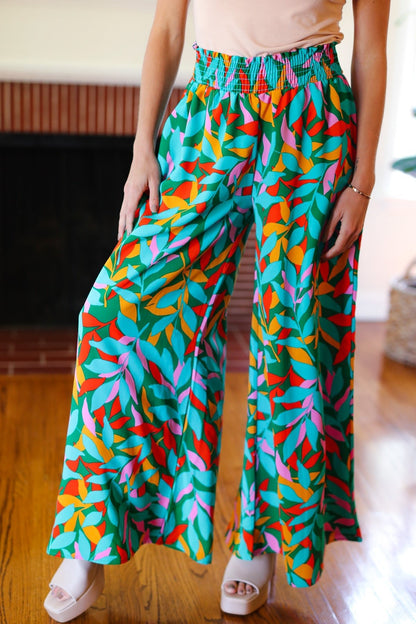Summer Vibes Green & Orange Abstract Print Smocked Palazzo Pants - Bitsy Gypsy Boutique