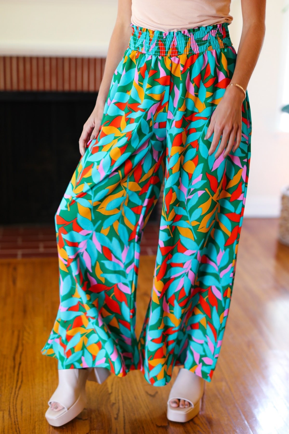 Summer Vibes Green & Orange Abstract Print Smocked Palazzo Pants - Bitsy Gypsy Boutique