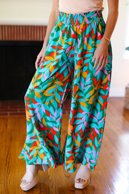 Summer Vibes Green & Orange Abstract Print Smocked Palazzo Pants - Bitsy Gypsy Boutique