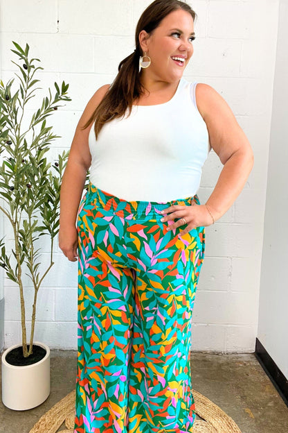 Summer Vibes Green & Orange Abstract Print Smocked Palazzo Pants - Bitsy Gypsy Boutique