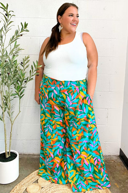Summer Vibes Green & Orange Abstract Print Smocked Palazzo Pants - Bitsy Gypsy Boutique