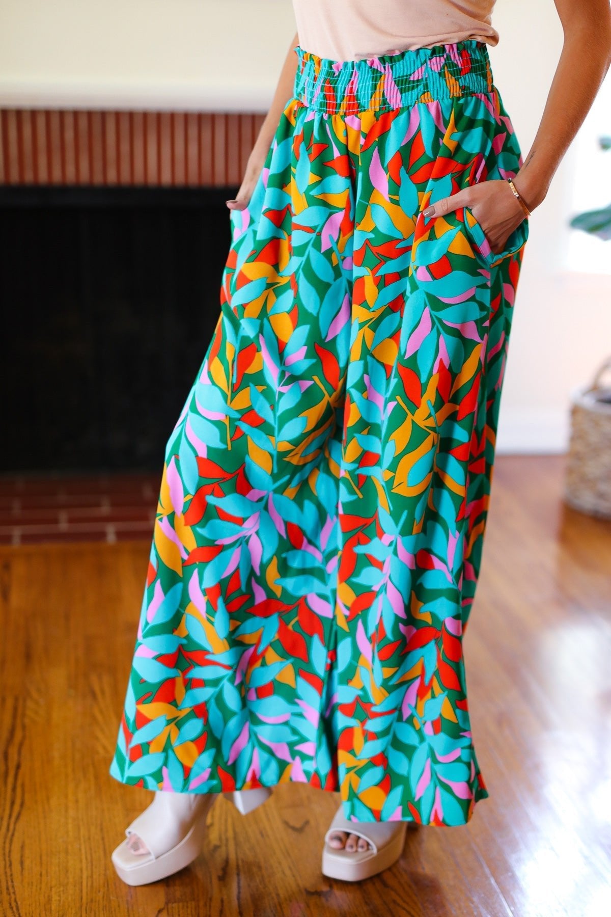 Summer Vibes Green & Orange Abstract Print Smocked Palazzo Pants - Bitsy Gypsy Boutique