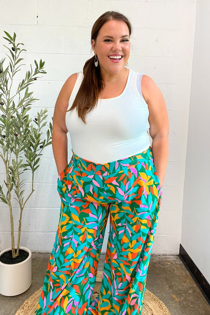 Summer Vibes Green & Orange Abstract Print Smocked Palazzo Pants - Bitsy Gypsy Boutique