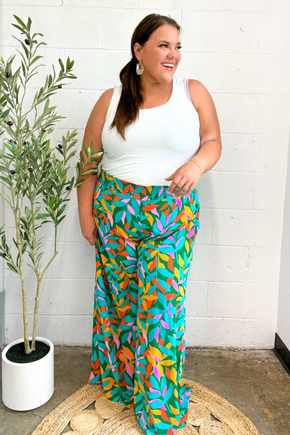 Summer Vibes Green & Orange Abstract Print Smocked Palazzo Pants - Bitsy Gypsy Boutique
