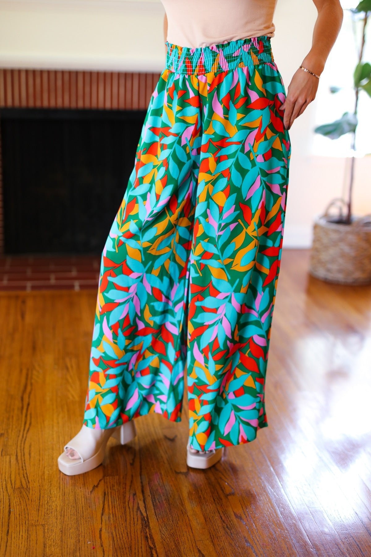 Summer Vibes Green & Orange Abstract Print Smocked Palazzo Pants - Bitsy Gypsy Boutique