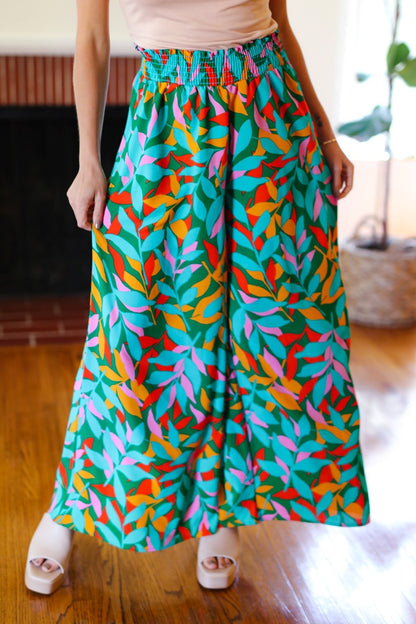 Summer Vibes Green & Orange Abstract Print Smocked Palazzo Pants - Bitsy Gypsy Boutique