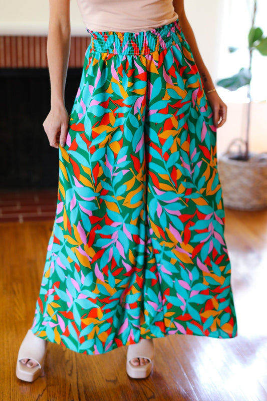 Summer Vibes Green & Orange Abstract Print Smocked Palazzo Pants - Bitsy Gypsy Boutique