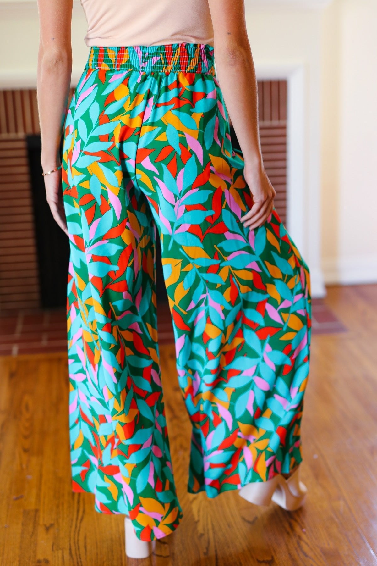 Summer Vibes Green & Orange Abstract Print Smocked Palazzo Pants - Bitsy Gypsy Boutique