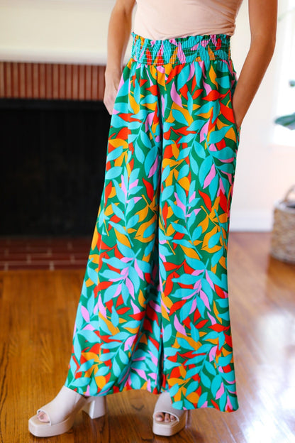 Summer Vibes Green & Orange Abstract Print Smocked Palazzo Pants - Bitsy Gypsy Boutique