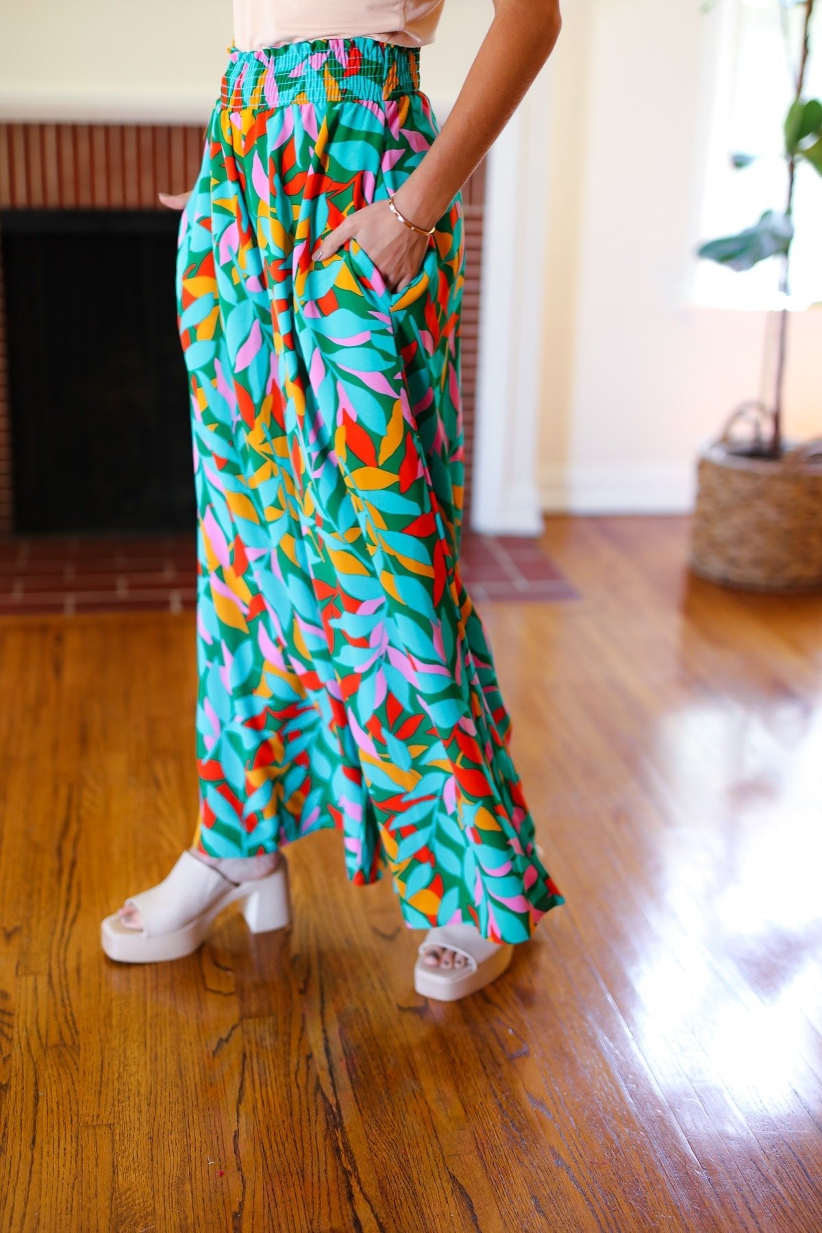 Summer Vibes Green & Orange Abstract Print Smocked Palazzo Pants - Bitsy Gypsy Boutique