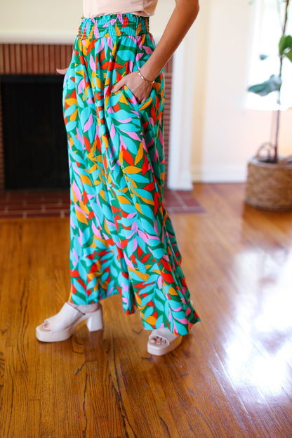 Summer Vibes Green & Orange Abstract Print Smocked Palazzo Pants - Bitsy Gypsy Boutique