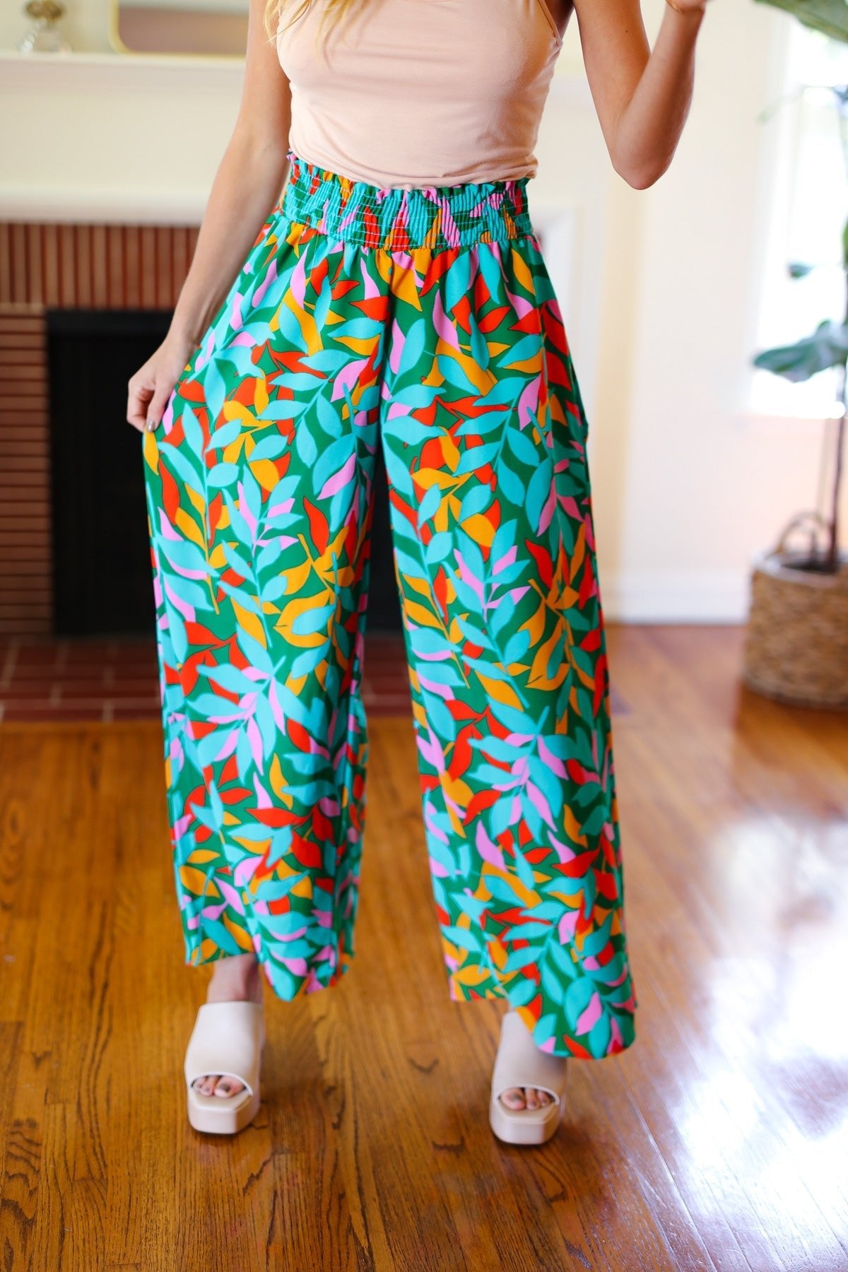 Summer Vibes Green & Orange Abstract Print Smocked Palazzo Pants - Bitsy Gypsy Boutique