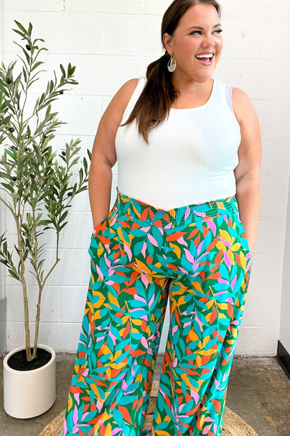 Summer Vibes Green & Orange Abstract Print Smocked Palazzo Pants - Bitsy Gypsy Boutique