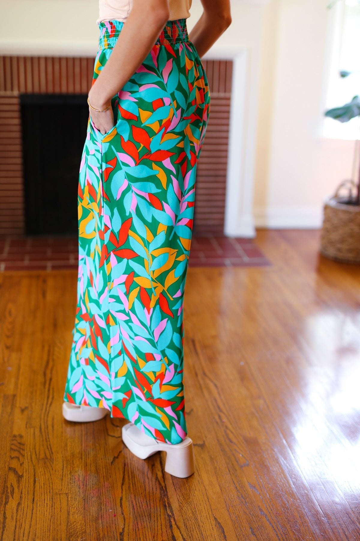 Summer Vibes Green & Orange Abstract Print Smocked Palazzo Pants - Bitsy Gypsy Boutique