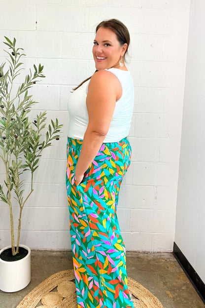 Summer Vibes Green & Orange Abstract Print Smocked Palazzo Pants - Bitsy Gypsy Boutique