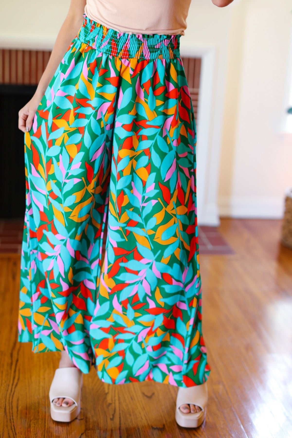 Summer Vibes Green & Orange Abstract Print Smocked Palazzo Pants - Bitsy Gypsy Boutique