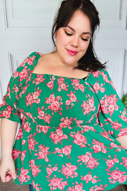Sumptuous In Smocked Green & Coral Flower Print Babydoll Top - Bitsy Gypsy Boutique