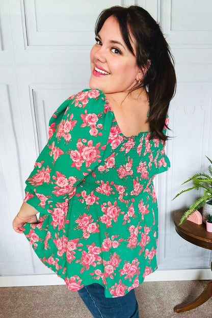 Sumptuous In Smocked Green & Coral Flower Print Babydoll Top - Bitsy Gypsy Boutique