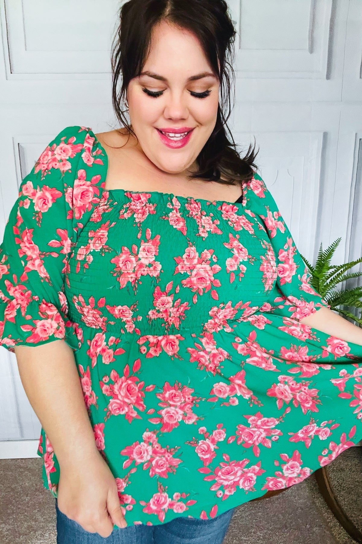 Sumptuous In Smocked Green & Coral Flower Print Babydoll Top - Bitsy Gypsy Boutique