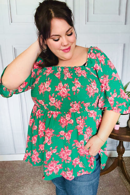 Sumptuous In Smocked Green & Coral Flower Print Babydoll Top - Bitsy Gypsy Boutique