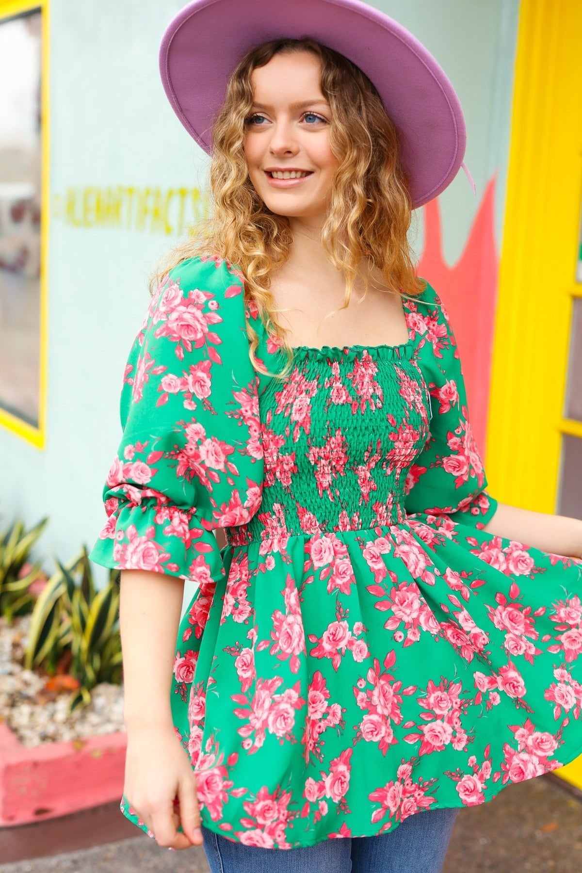 Sumptuous In Smocked Green & Coral Flower Print Babydoll Top - Bitsy Gypsy Boutique