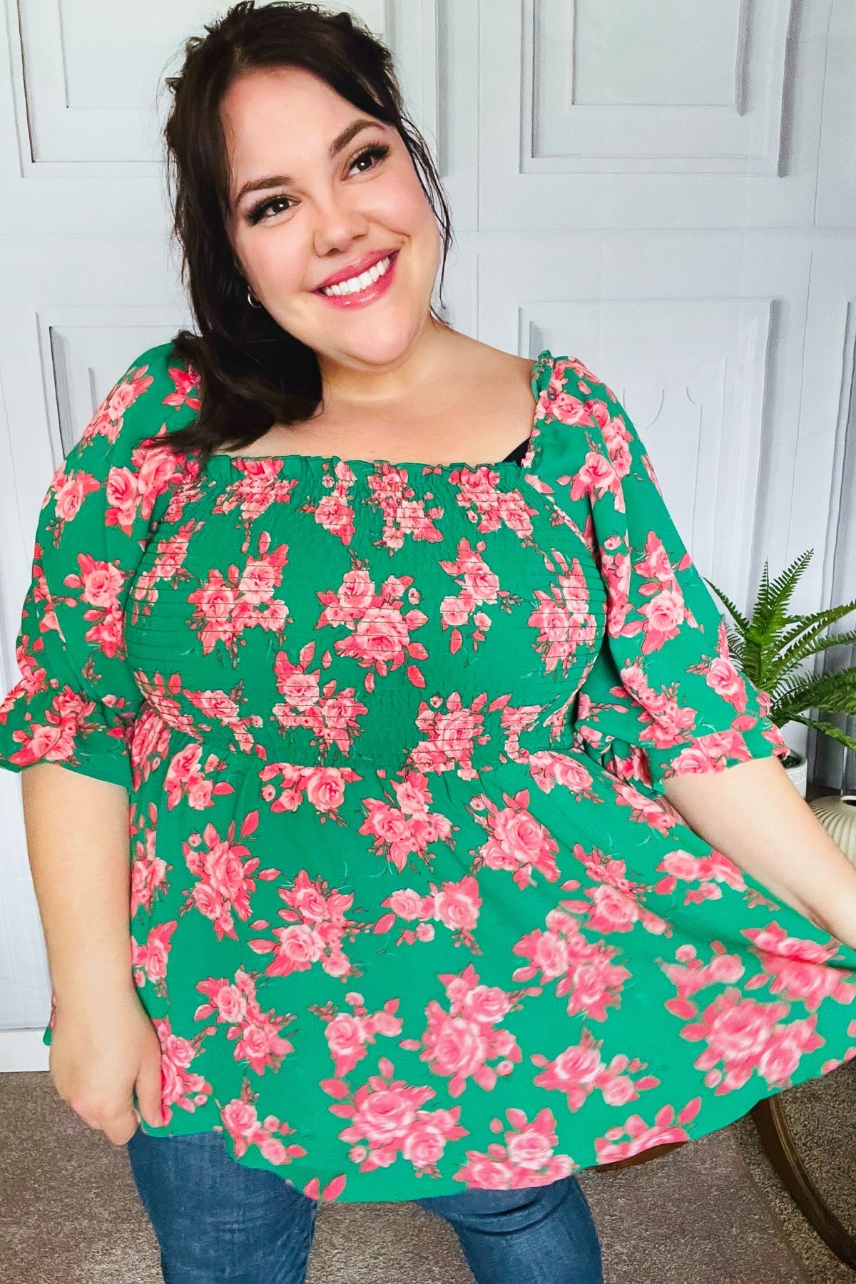 Sumptuous In Smocked Green & Coral Flower Print Babydoll Top - Bitsy Gypsy Boutique