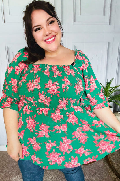 Sumptuous In Smocked Green & Coral Flower Print Babydoll Top - Bitsy Gypsy Boutique