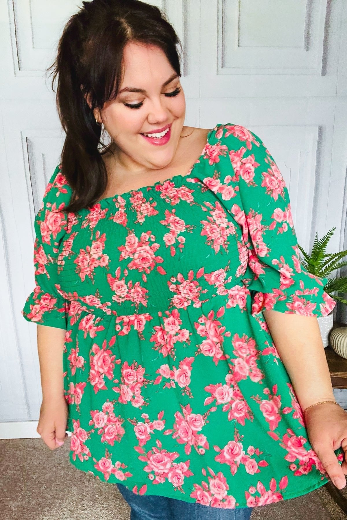 Sumptuous In Smocked Green & Coral Flower Print Babydoll Top - Bitsy Gypsy Boutique