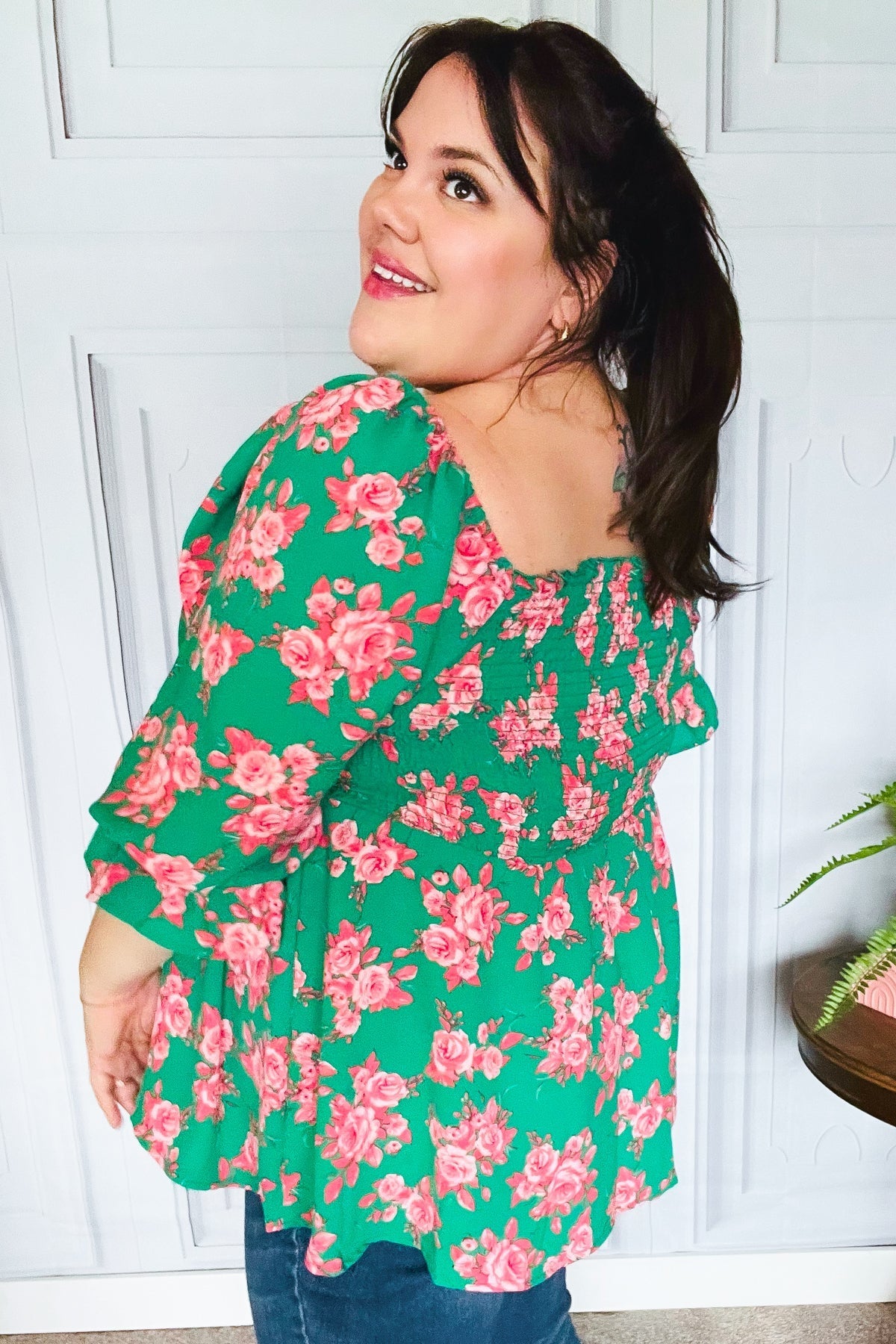 Sumptuous In Smocked Green & Coral Flower Print Babydoll Top - Bitsy Gypsy Boutique