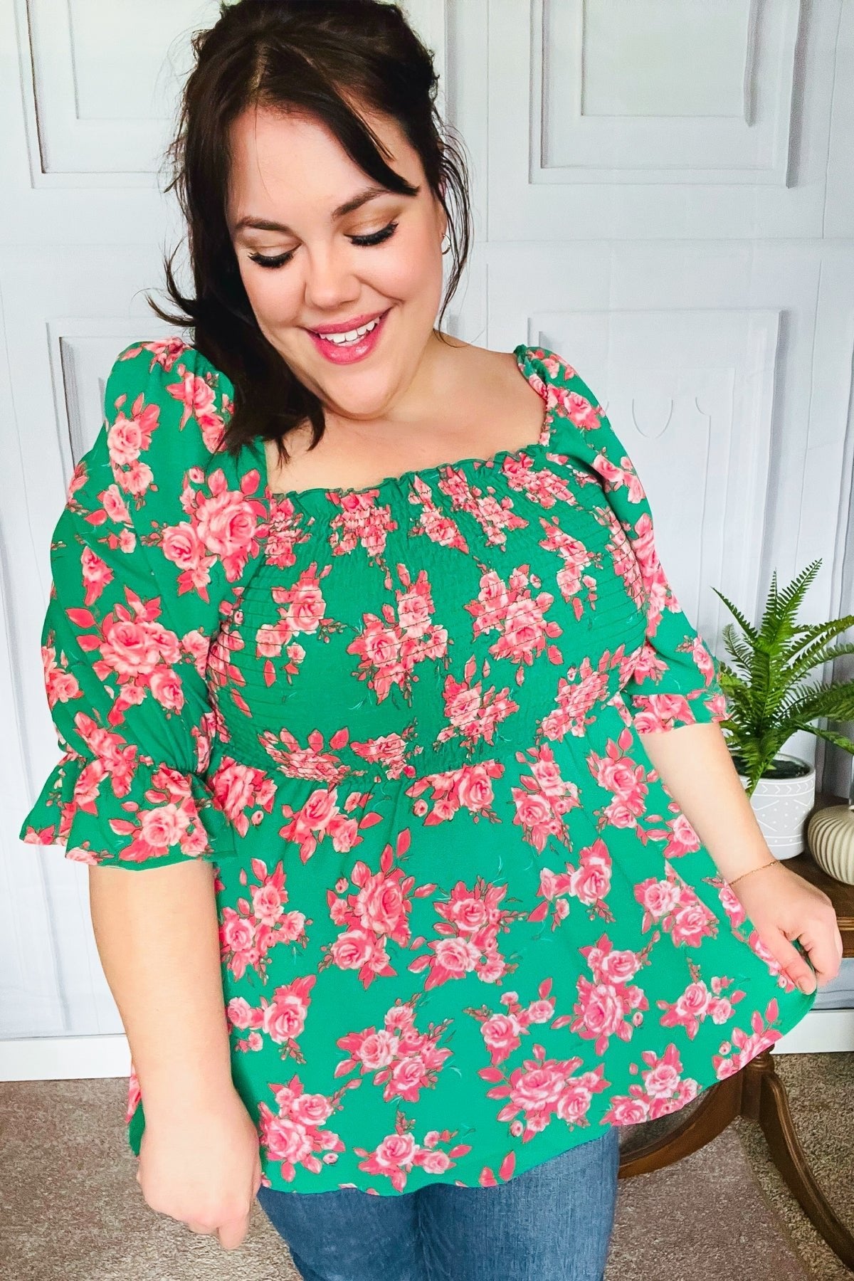 Sumptuous In Smocked Green & Coral Flower Print Babydoll Top - Bitsy Gypsy Boutique