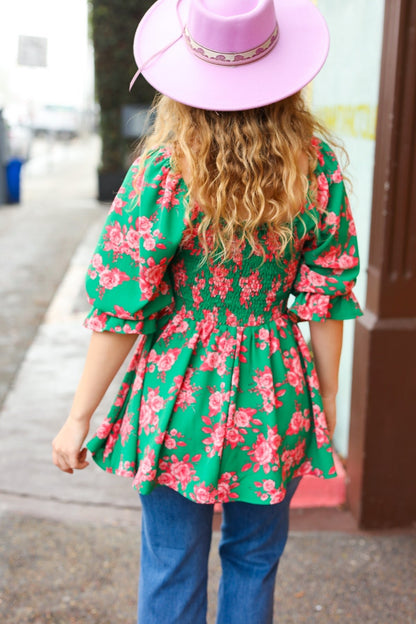 Sumptuous In Smocked Green & Coral Flower Print Babydoll Top - Bitsy Gypsy Boutique
