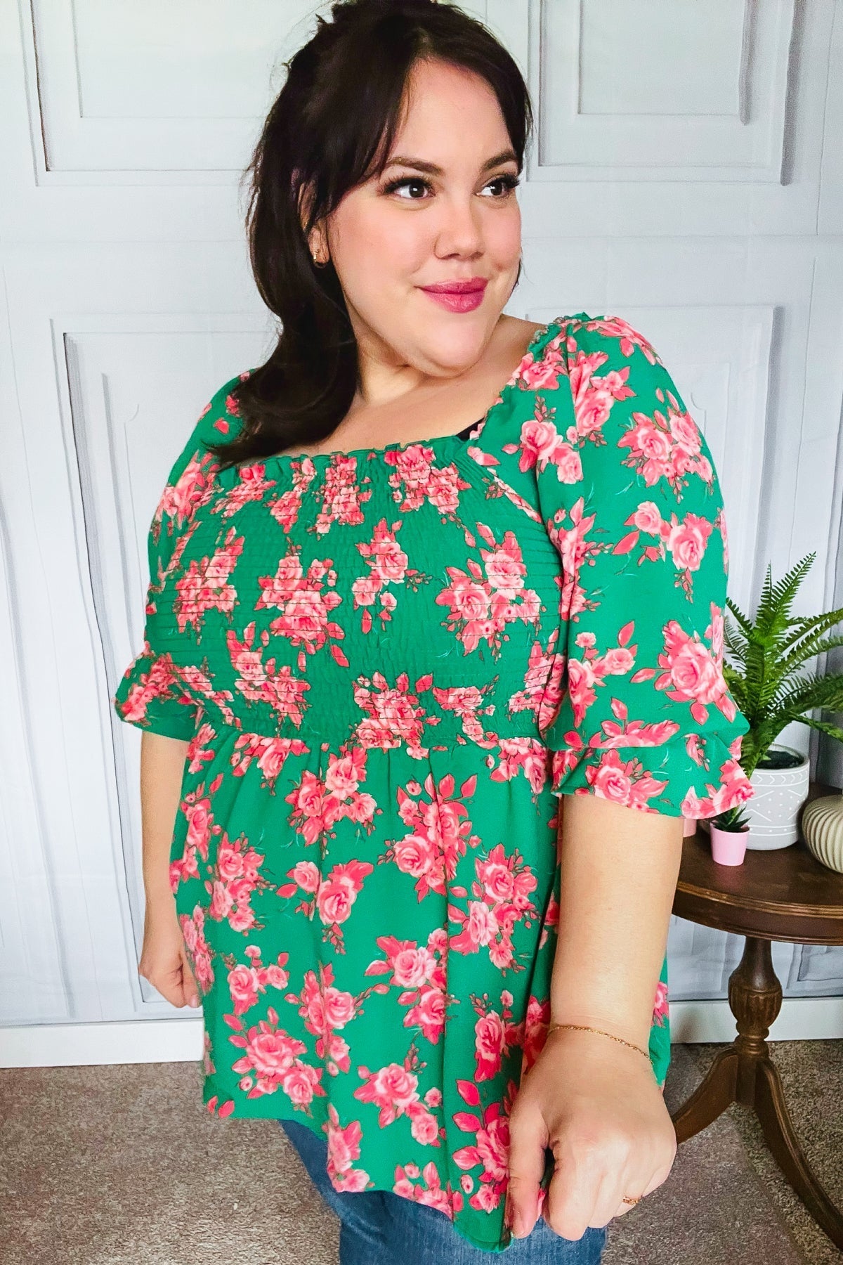 Sumptuous In Smocked Green & Coral Flower Print Babydoll Top - Bitsy Gypsy Boutique